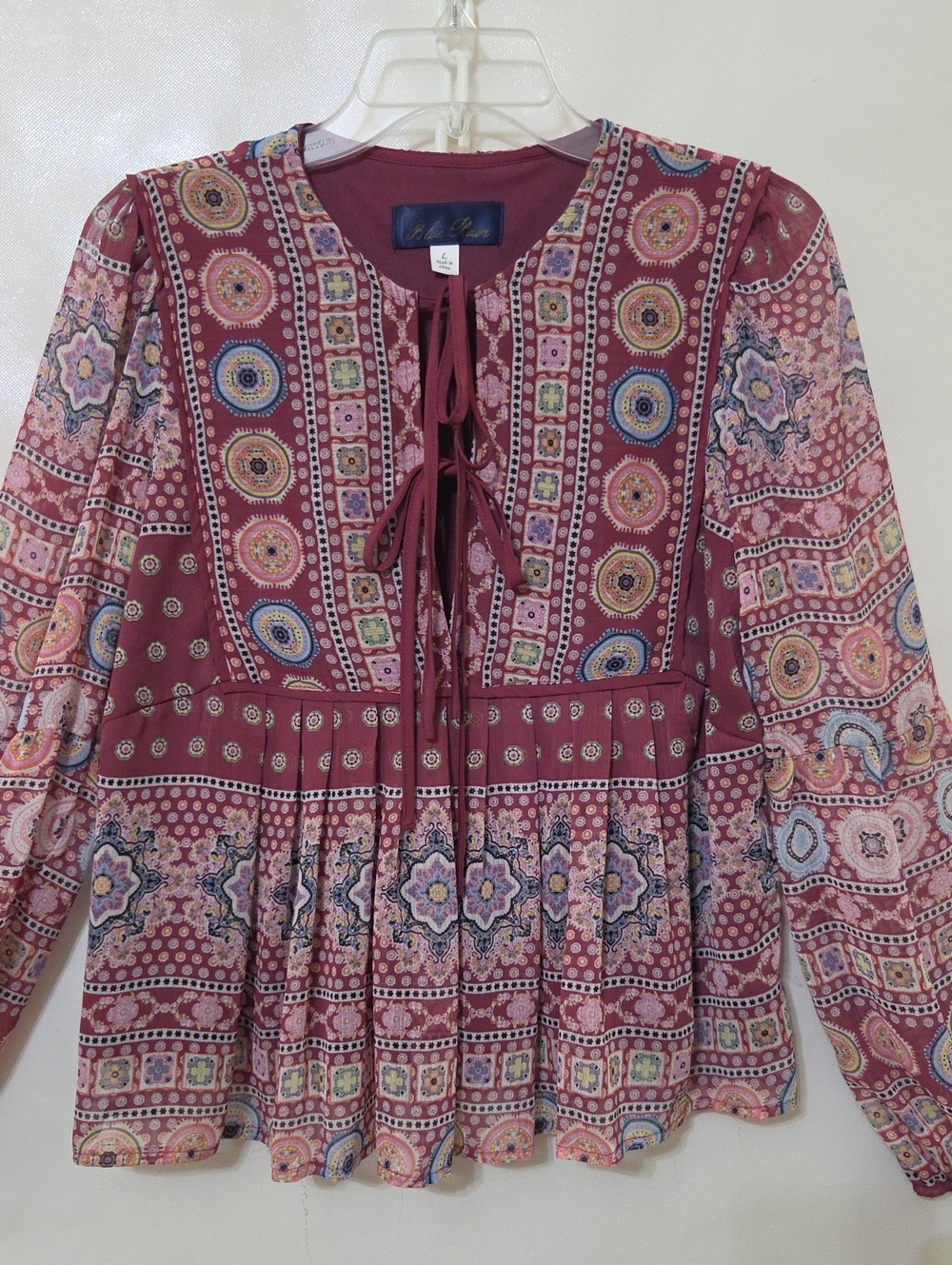 Blue Rair Women’s Mauve Boho Lace-Up Peasant Top - Size L